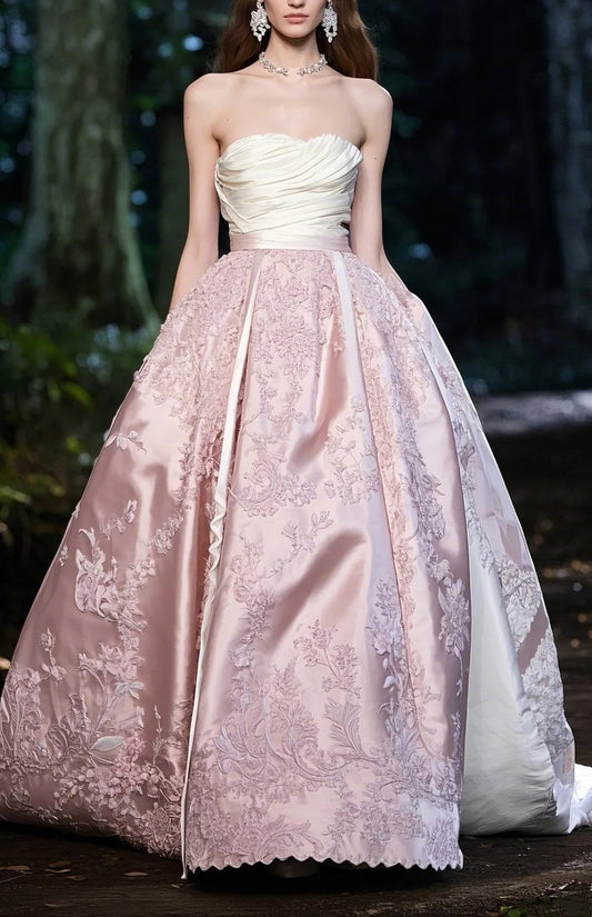 Ivory Pink Satin Long Ball Gown Evening Dress gh4785