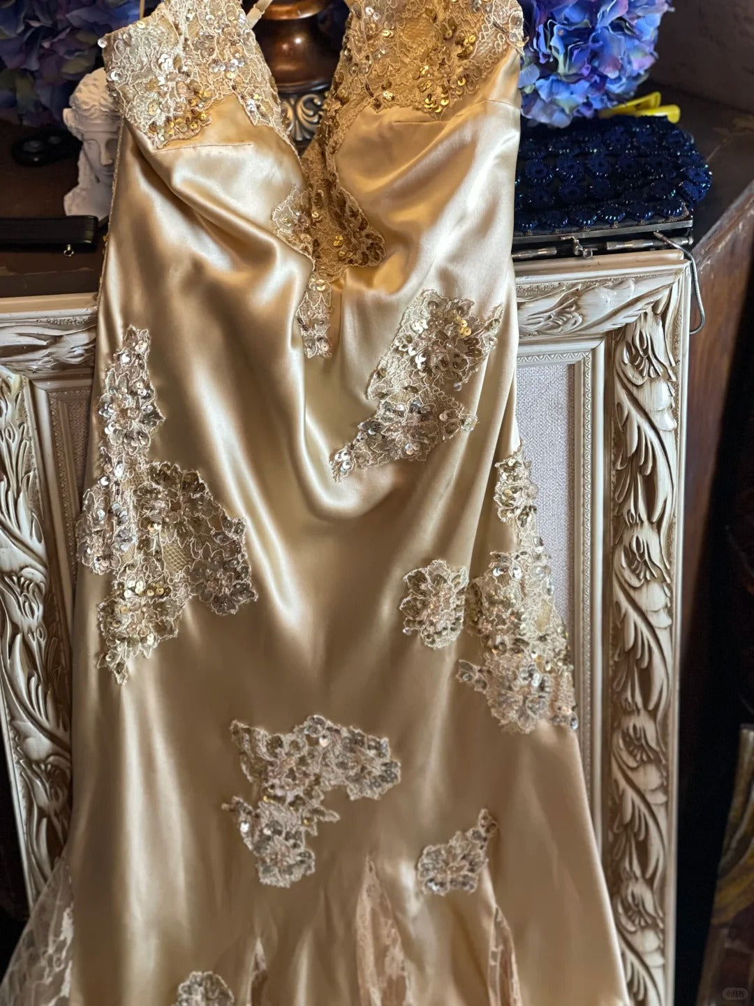 Champagne gold satin beautiful vintage beaded lace ball gown evening dress party dress gh4793