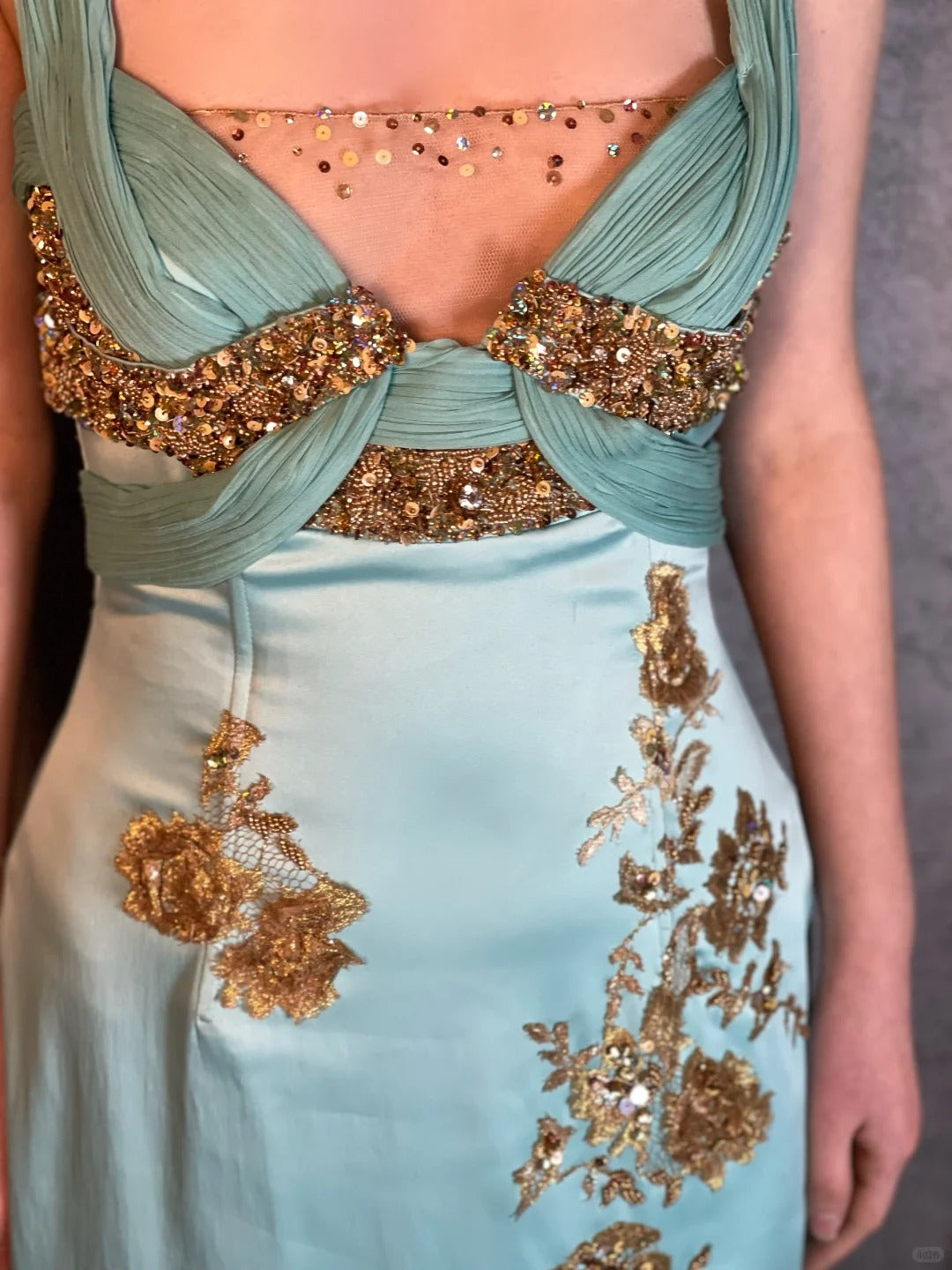 Mint blue vintage beaded lace embroidery beautiful macarons gold embroidered flowers romantic ball gown evening dress party dress gh4803