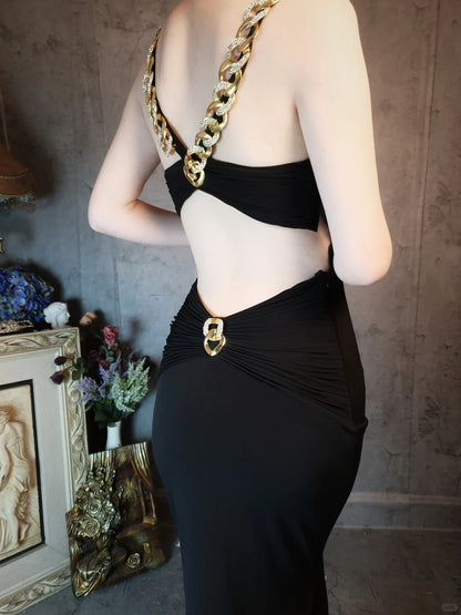 Vintage black gold chain backless mermaid ball gown sexy elegant evening dress party dress gh4802