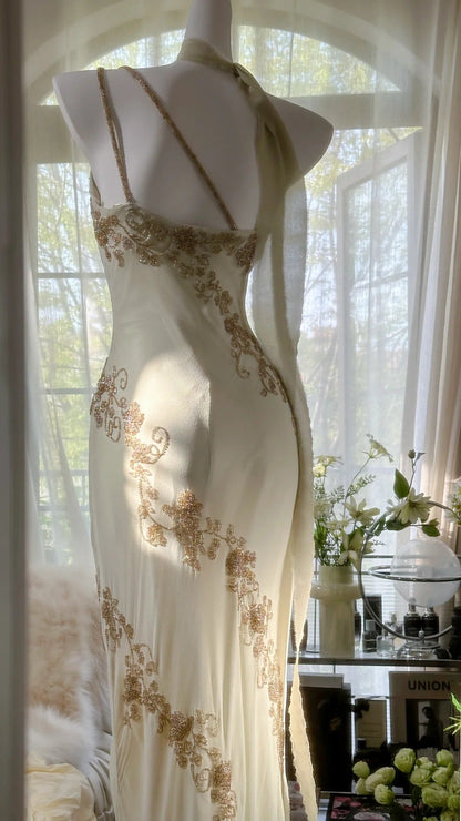 Ivory White Vintage Fashion One Shoulder Exquisite Beaded Long Chiffon Ball Gown Birthday Party Dress Cocktail Party Dress Evening Dress Prom Dress gh3971
