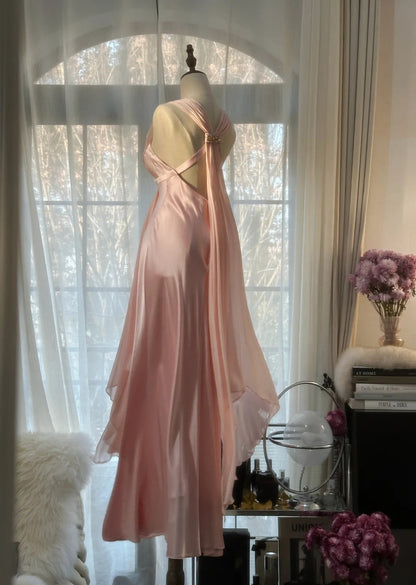 Pink Elegant Exquisite Rhinestone Long Satin Chiffon Ball Gown Evening Dress Party Dress Birthday Dress Date Dress gh4163