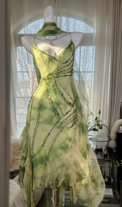 Green A Line Spaghetti Strap Beaded Ruffle Chiffon Short Party Dress Prom Dress SH2612