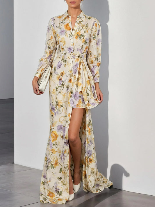 Yellow Ruffled Floral Shirt Dress Shirt Collar Short Sleeve Regular Sleeve A-Line Maxi Dress