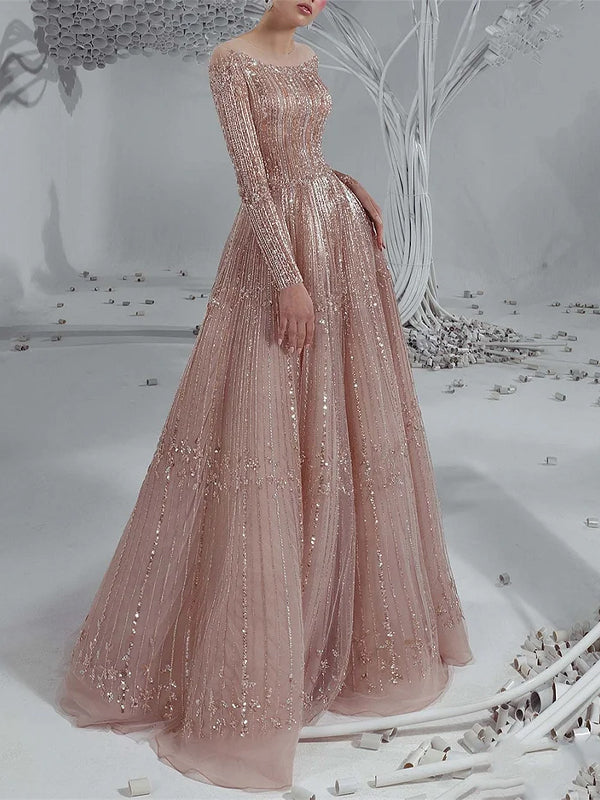 Round Neck Long Sleeve Sequin Solid Color Maxi Dress