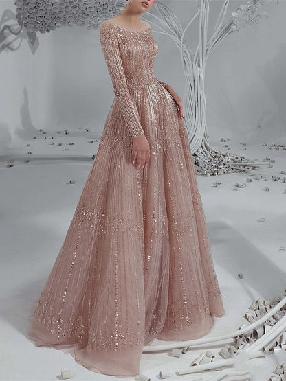 Round Neck Long Sleeve Sequin Solid Color Maxi Dress