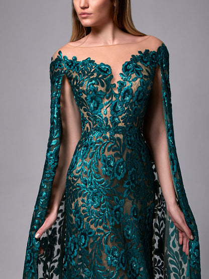 Off Shoulder Illusion Sequin Gown