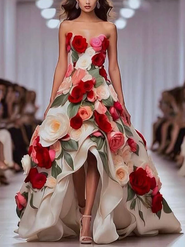 Red Tube Top Print Maxi Dress