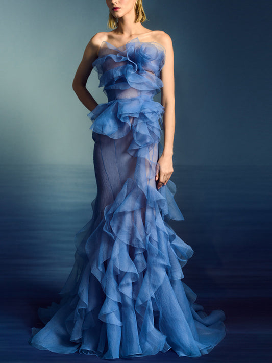 Tube Top Solid Color Mesh Maxi Dress