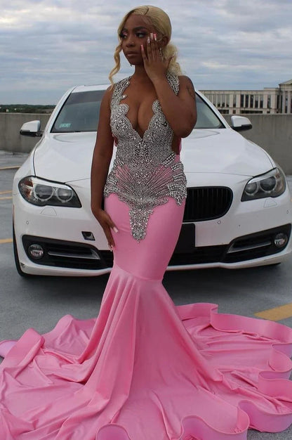 Pink gorgeous exquisite beaded elegant stunning mermaid long satin floor length train prom dress evening gown party dress gh2427