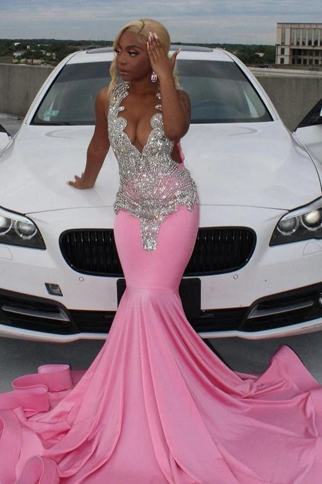Pink gorgeous exquisite beaded elegant stunning mermaid long satin floor length train prom dress evening gown party dress gh2427