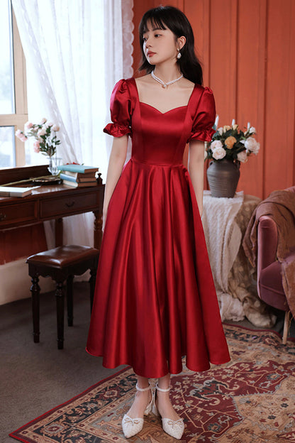 Burgundy Satin Short Prom Dress, Cute A-Line Evening Party Dress