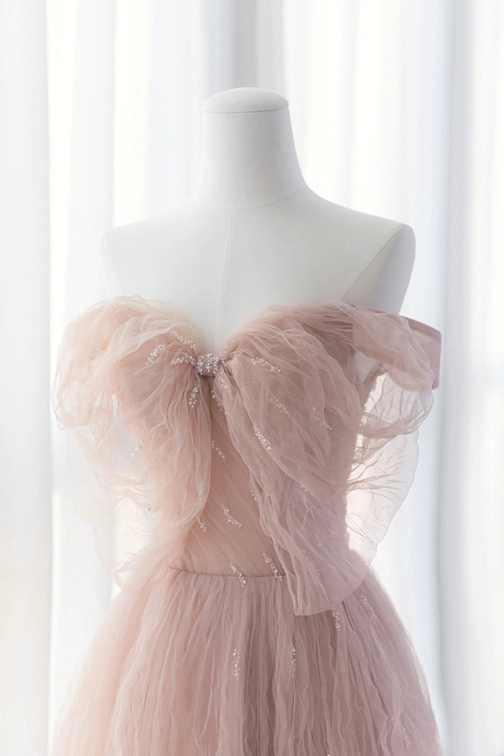 Pink Tulle Long A-Line Prom Dresses, Pink Evening Dresses with Bow