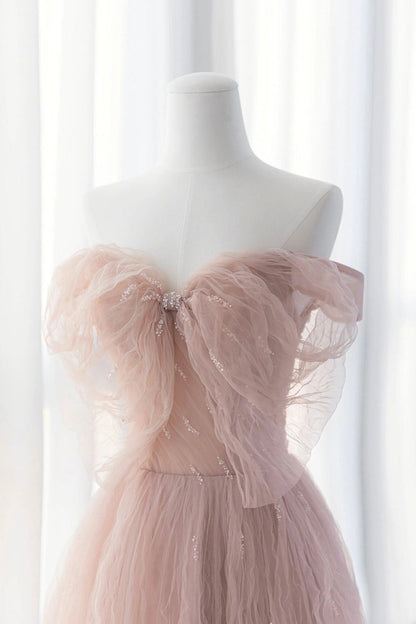 Pink Tulle Long A-Line Prom Dresses, Pink Evening Dresses with Bow