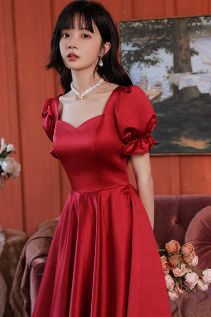 Burgundy Satin Short Prom Dress, Cute A-Line Evening Party Dress