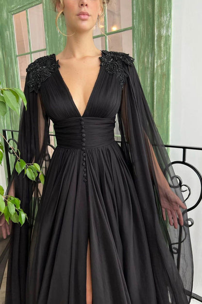 Black V-Neck Chiffon Long Prom Dress, Black Evening Dress with Slit