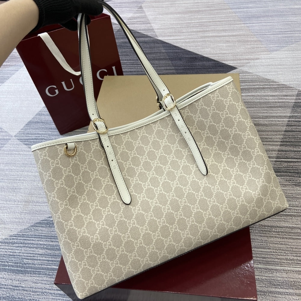 GUCCI GG EMBLEM LARGE TOTE BAG BEIGE AND WHITE COATED FABRIC 38CM 815213 FAD6L 9641