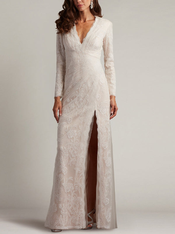 V-neck Lace Solid Color Maxi Dress