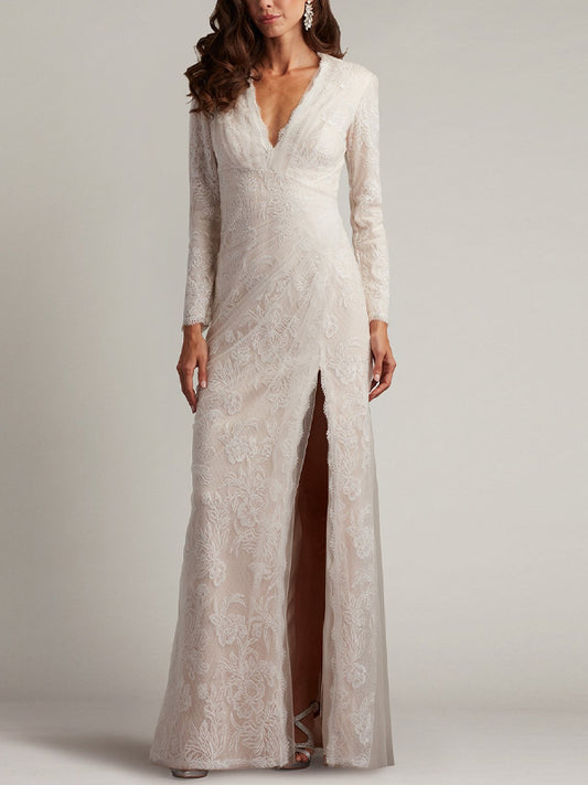 V-neck Lace Solid Color Maxi Dress