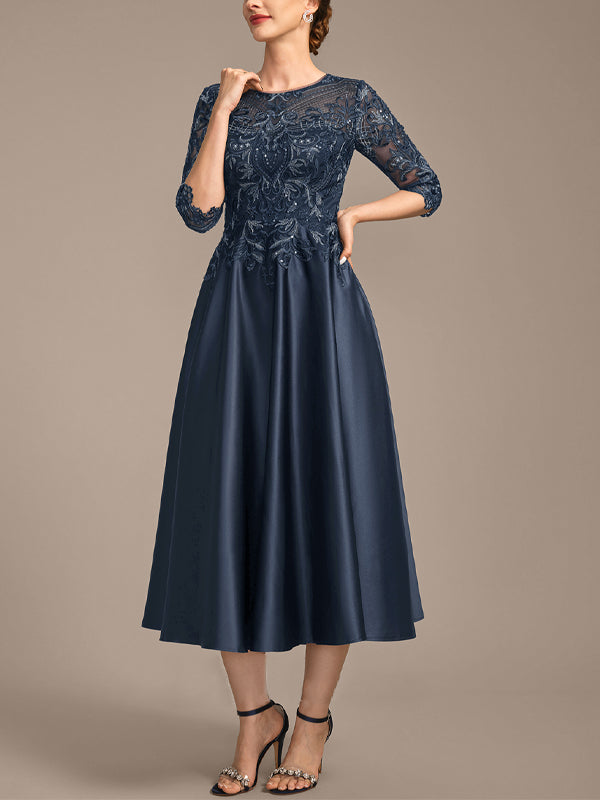 Round Neck Short Sleeve Lace Sequin Solid Color Midi Dress