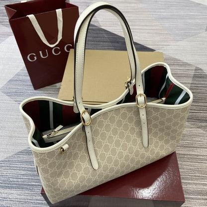 GUCCI GG EMBLEM LARGE TOTE BAG BEIGE AND WHITE COATED FABRIC 38CM 815213 FAD6L 9641