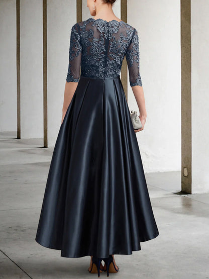 Round Neck Lace Solid Color Midi Dress