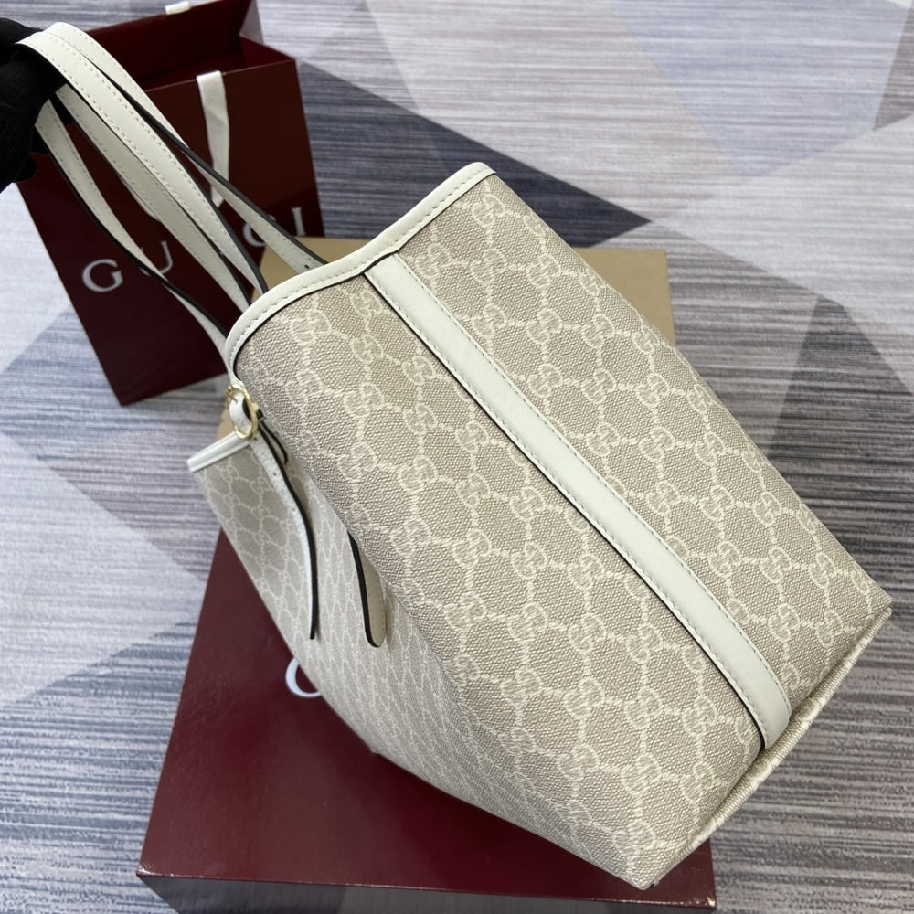 GUCCI GG EMBLEM LARGE TOTE BAG BEIGE AND WHITE COATED FABRIC 38CM 815213 FAD6L 9641