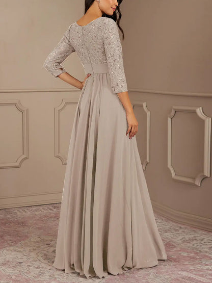 Round Neck Sequined Solid Lace Maxi Dress