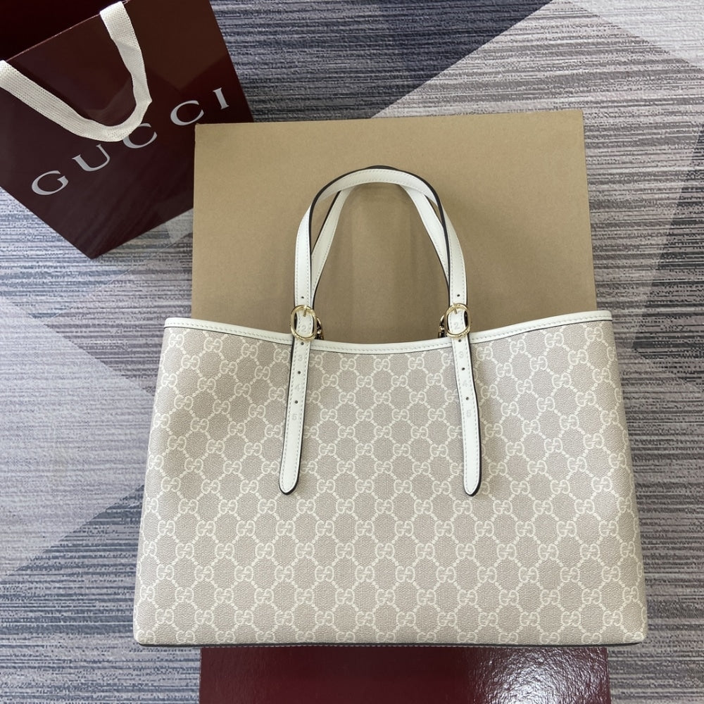 GUCCI GG EMBLEM LARGE TOTE BAG BEIGE AND WHITE COATED FABRIC 38CM 815213 FAD6L 9641
