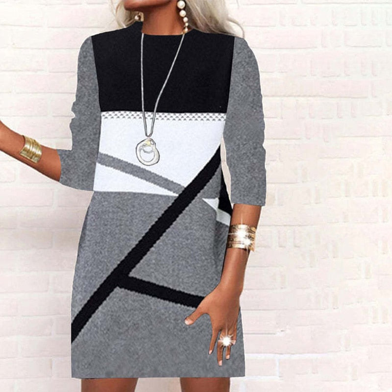 loveedsTM- Elegant Round Neck Geometric Printing Long Sleeve A-line Skirt Autumn Winter New Fashion Patchwork Slim Mini Dress Women