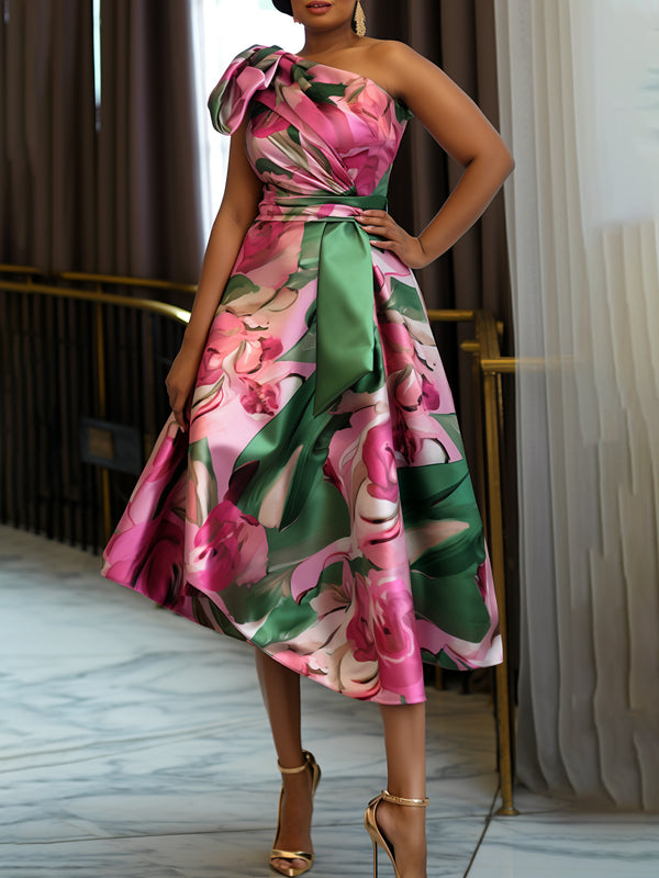 Floral Spring Summer One Shoulder Satin Midi Dress