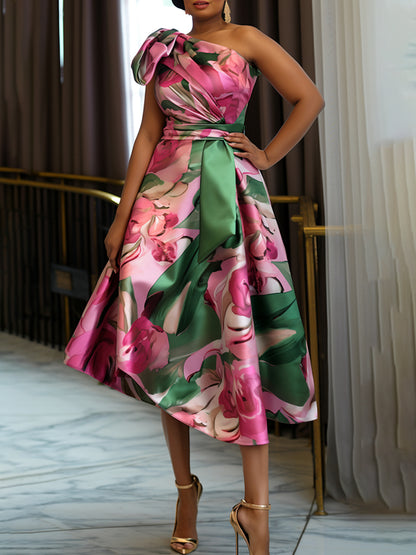 Floral Spring Summer One Shoulder Satin Midi Dress