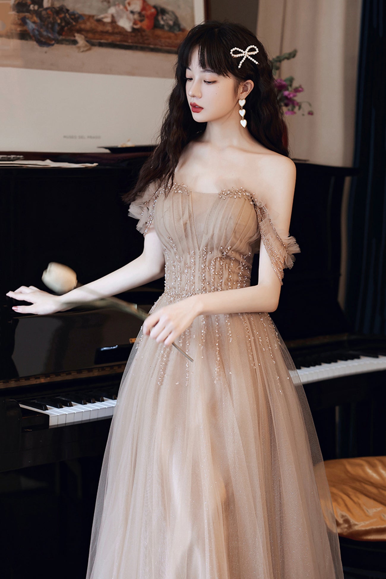 Cute Tulle Long Prom Dress with Beaded,  A-Line Off the Shoulder Evening Dress