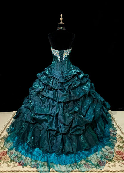 Teal Vintage Fashion Beaded Long Tulle Ball Gown gh4922