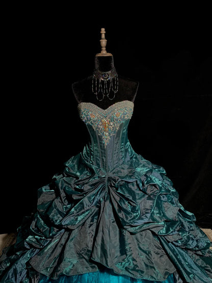 Teal Vintage Fashion Beaded Long Tulle Ball Gown gh4922