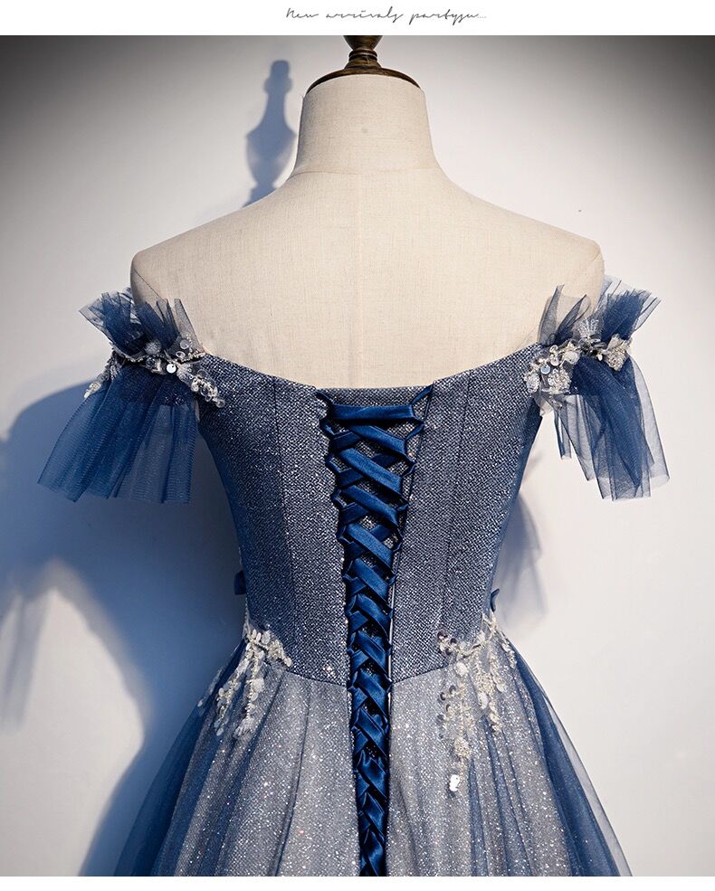 Navy Blue tulle long prom dress blue evening dress A01