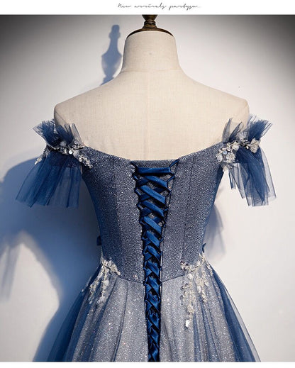Navy Blue tulle long prom dress blue evening dress A01