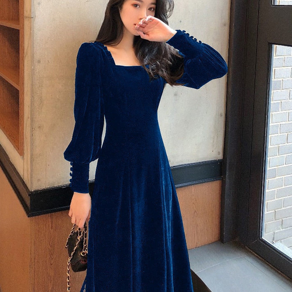 loveedsTM- Vintage Black Velvet Dress 2024 Women Autumn Winter Warm Long Sleeve Maxi Dress French Elegant V-Neck Party Dresses