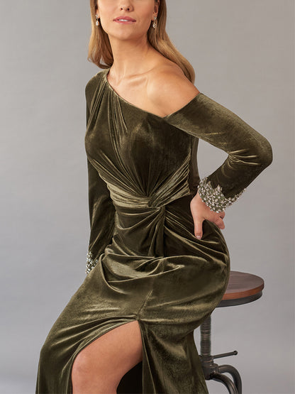 Off-shoulder Corduroy Solid Color Maxi Dress