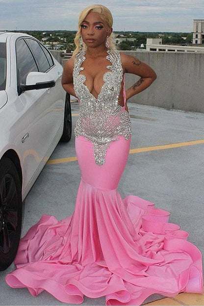 Pink gorgeous exquisite beaded elegant stunning mermaid long satin floor length train prom dress evening gown party dress gh2427