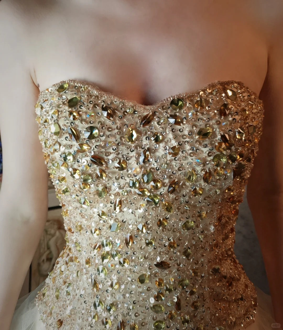 Ivory white gorgeous beautiful vintage long tulle yellow crystal beaded princess style fluffy ball gown evening dress party dress gh4796