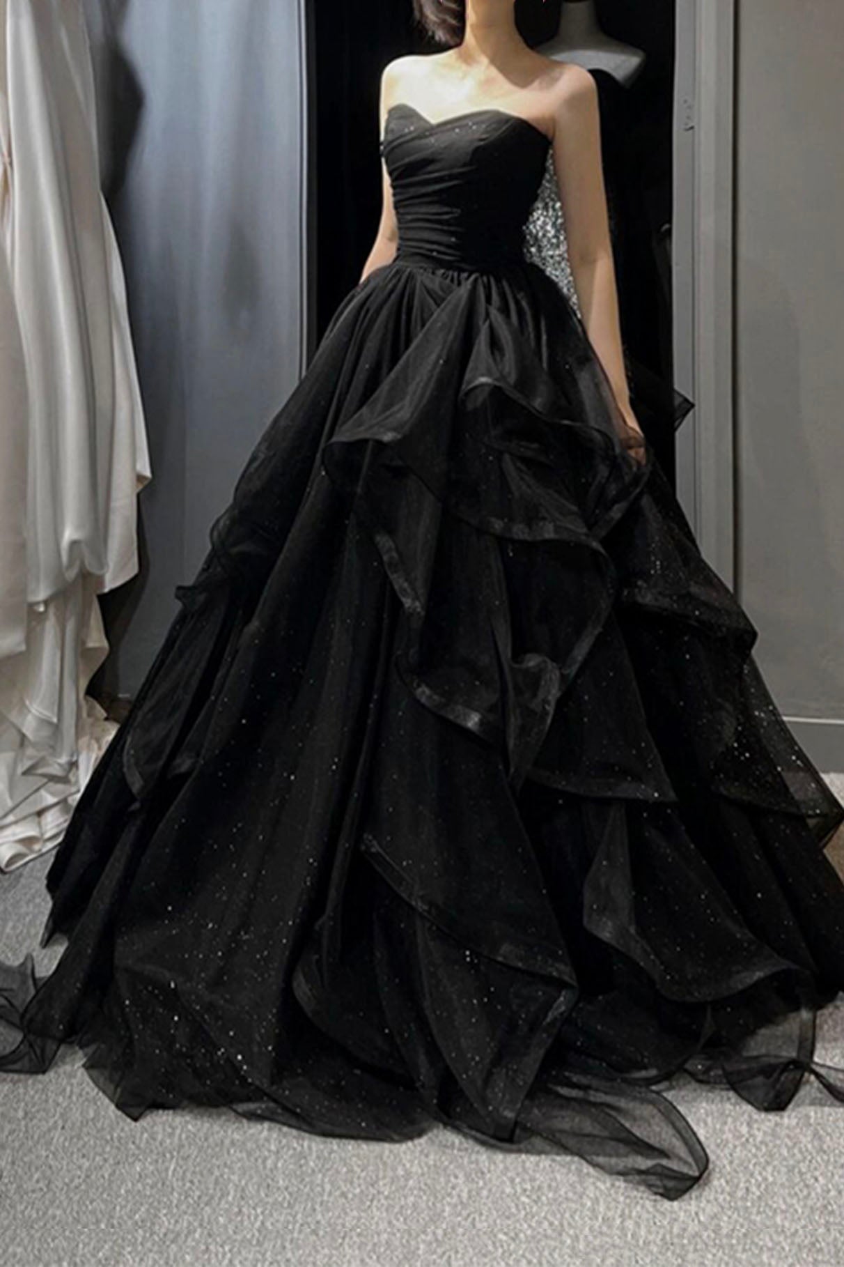Black Tulle Layers Long A-Line Prom Dress, Black Strapless Evening Dress