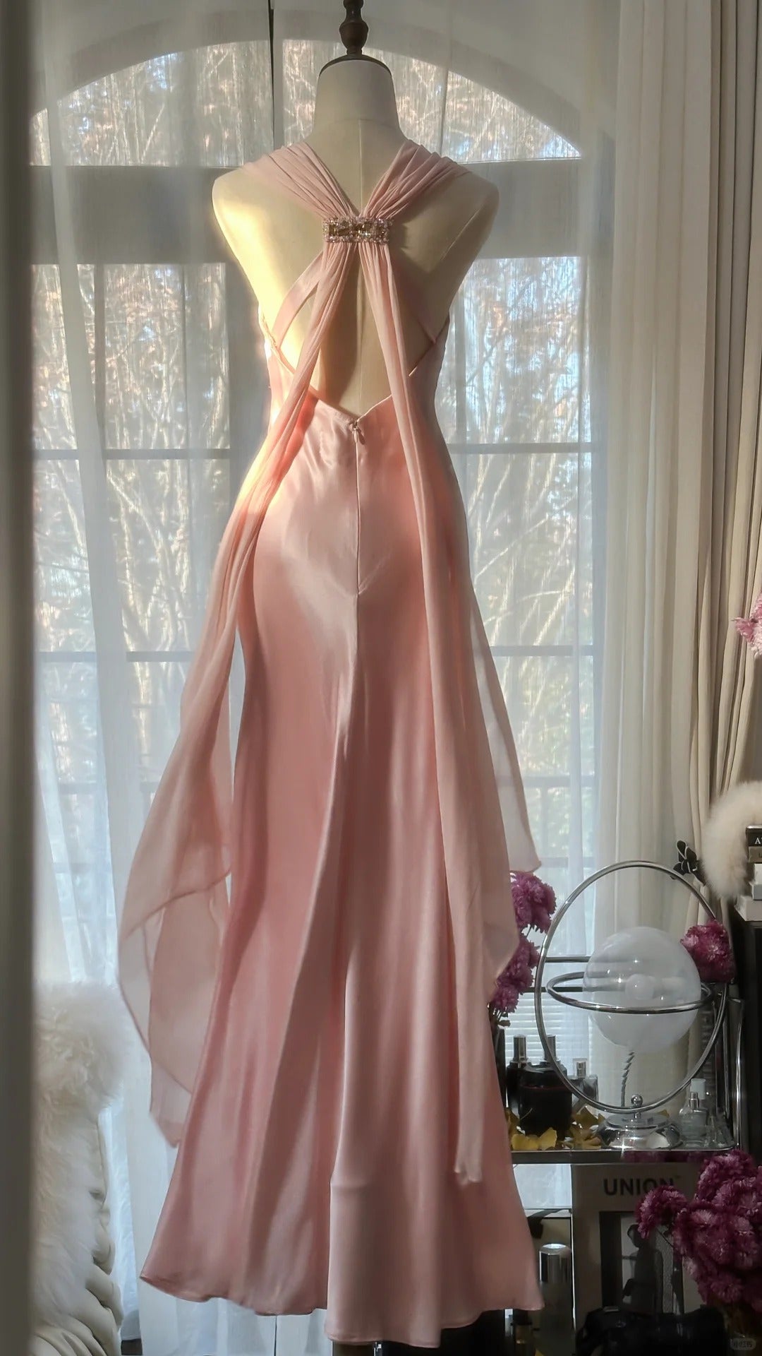 Pink Elegant Exquisite Rhinestone Long Satin Chiffon Ball Gown Evening Dress Party Dress Birthday Dress Date Dress gh4163