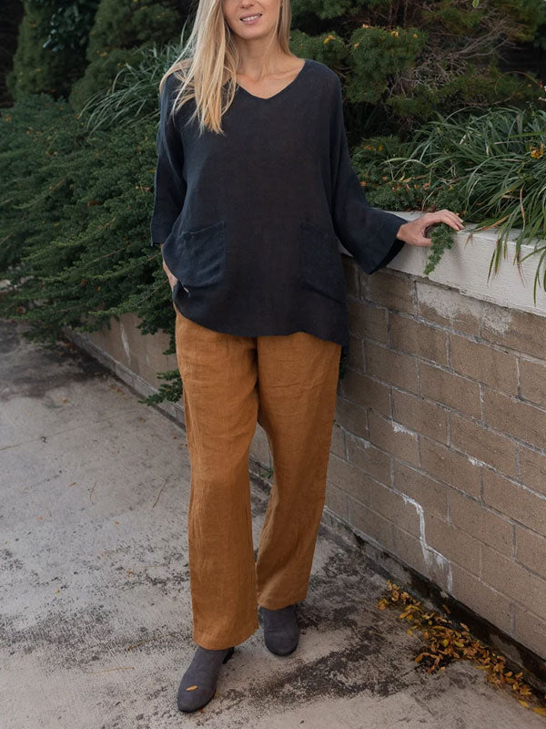 Large Pocket Pullover Cotton and Linen Women's Shirt