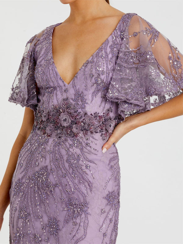 V-neck Solid Color Sequins Maxi Dress