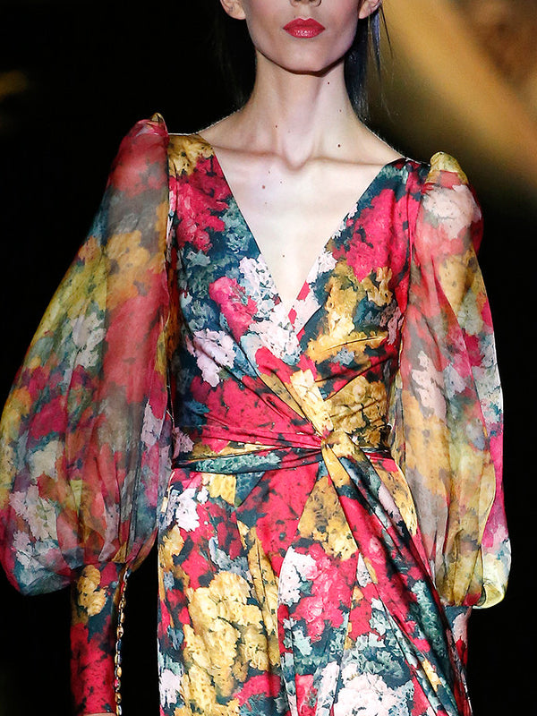 Puff Sleeve Chiffon Floral Catwalk Women's Dress