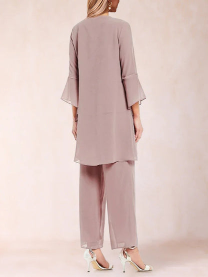 Chiffon Scoop Long Sleeves 3 Pieces Pantsuits with Applique & Jacket