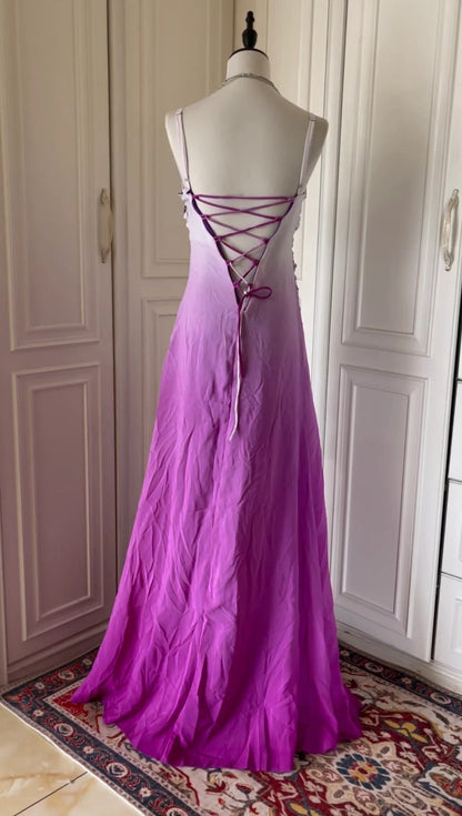 Pink Purple Gradient Fashion Elegant Retro Rhinestone Long Chiffon Ball Gown Evening Dress gh4339