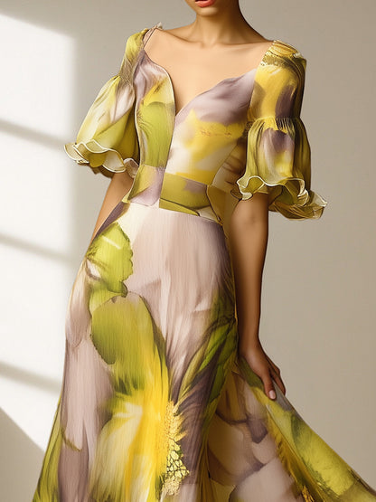 Elegant Floral Printing Sweetheart Neckline Maxi Dress