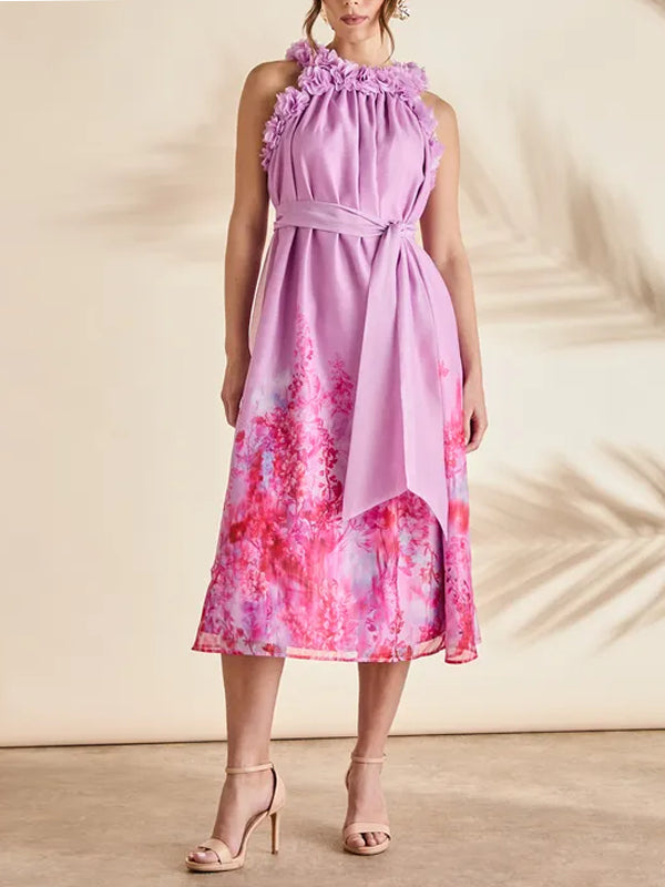 Floral Edge Printed Trapeze Midi Holiday Dress